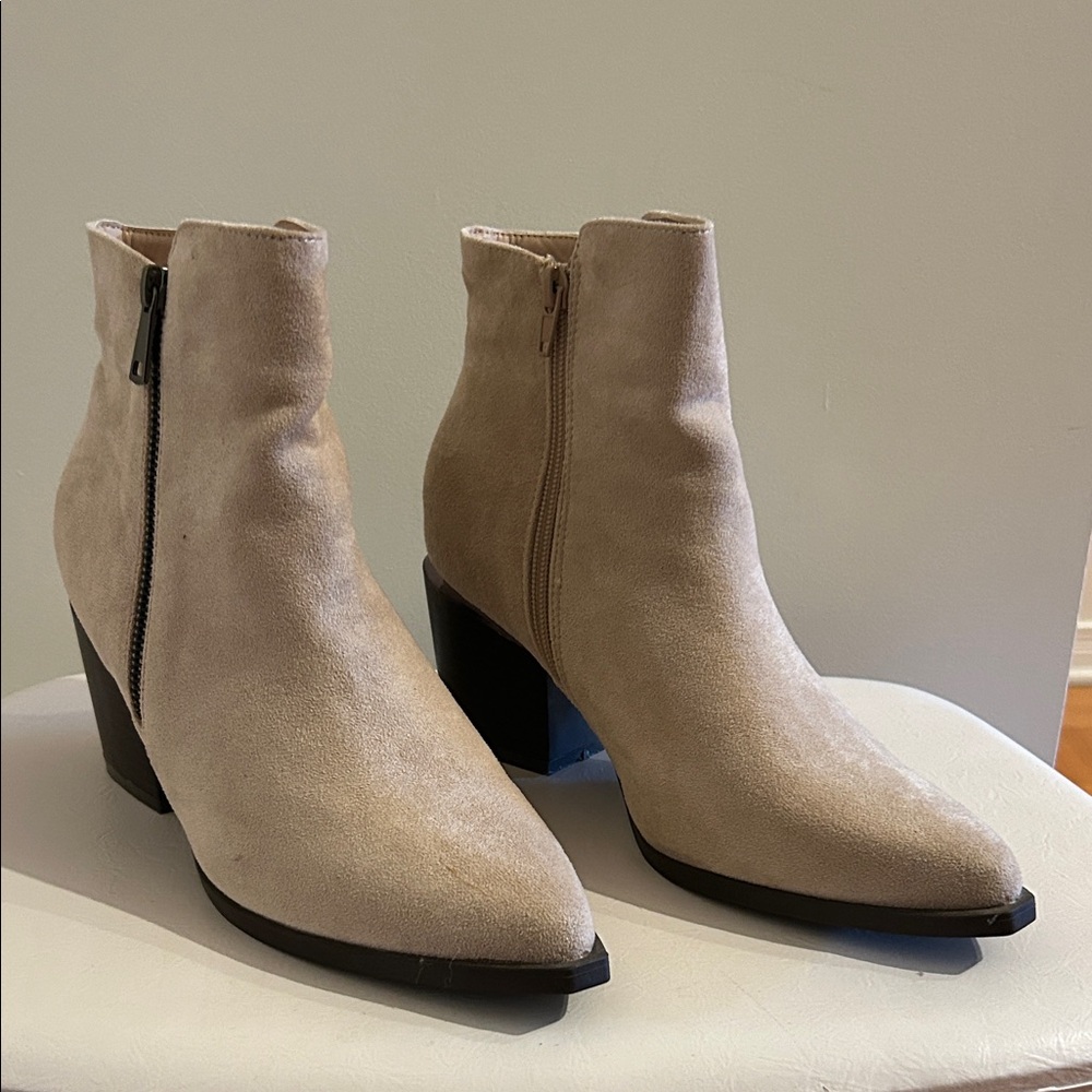 Neutral Beige Suedin Ankle Boots - Women's Stylish Zip Booties